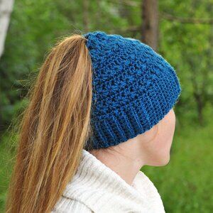 Handmade Teal Messy Bun Hat, Crochet Ponytail Hat Made in Canada